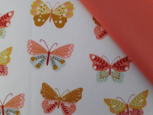 mini lot popeline coton motifs Happy papillons + uni rose